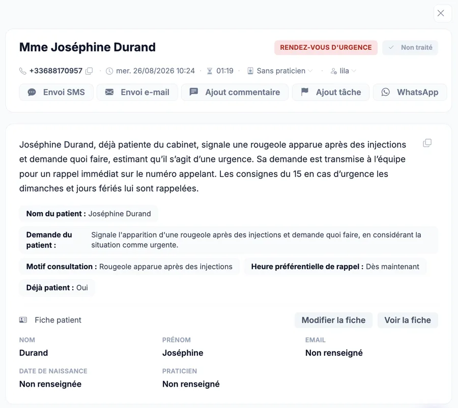 Fiche d’appel DentalCall IA : nom de la patiente, rendez-vous d’urgence, résumé de la demande et fiche patient.